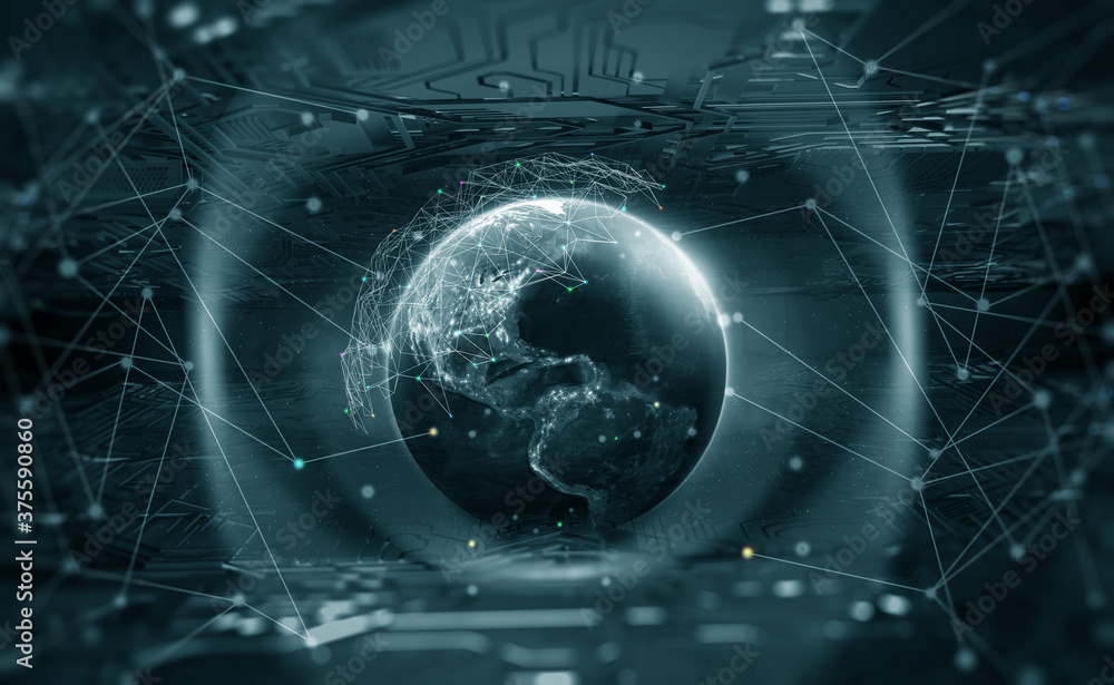 Fototapete digital information field on a planetary scale. information network surrounds the entire planet. con
