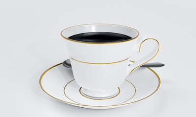 Black coffee in a white ceramic mug with gold rim and saucer on white background and white wallpaper. 3D Rendering