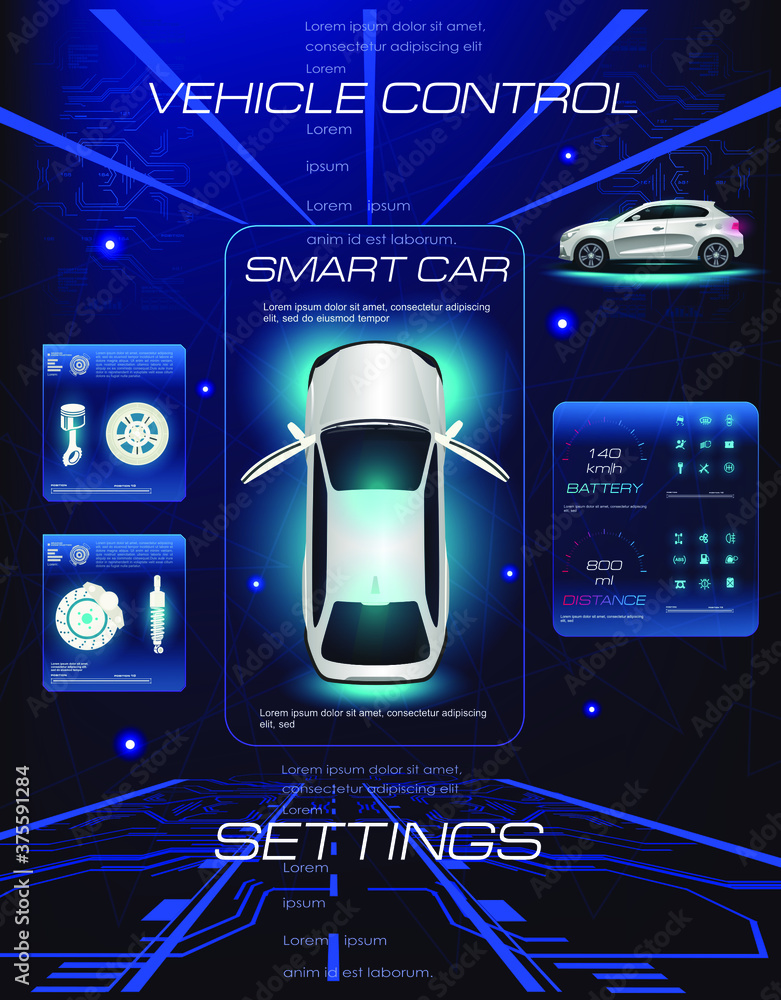 Poster city car auto service. configuring the electronics parameters of the entire vehicle on holographic d