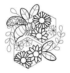 Outline vector illustration of bee, honeycomb, flowers, leaves for anti-stress coloring book isolated on a white background. Coloring page for adults and children, zen tangle, doodle