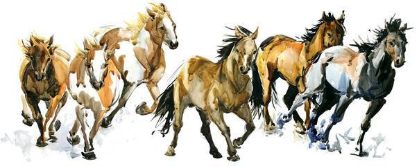 Fototapeta premium running horses watercolor banner illustration