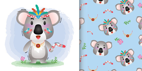 Cute koala with aborigine costume seamless pattern and illustration designs