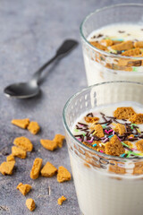 Close-up of two glasses with natural yogurt, cookie pieces, colors, on gray background with cookie pieces and spoon out of focus, vertical