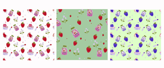 Strawberry Cartoon set of berry, cake and drink. Kawaii food design. 