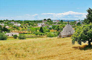 Puglia, south Italy landscape with traditional old house Trullo and yellow field in summer
