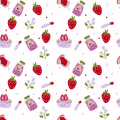 Strawberry Cartoon set of berry, cake and drink. Kawaii food design. 