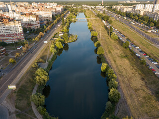 Fototapeta premium Aerial drone view. Lake in the city park of Kiev.