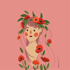 Cute cartoon girl with long hair and flowers wreath. Dots eyes and cheeks. Children vector illustration