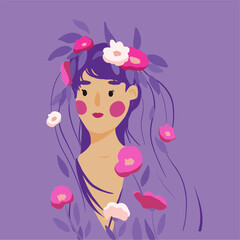 Cute cartoon girl with long hair and flowers wreath. Dots eyes and cheeks. Children vector illustration