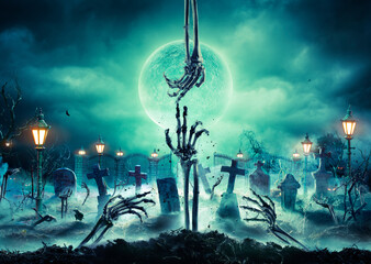 Zombie Hands Rising In In Dark Halloween Night - Cemetery With Full Moon
