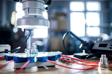 Modern microscope, connectors component and large green microcircuit in workshop laboratory