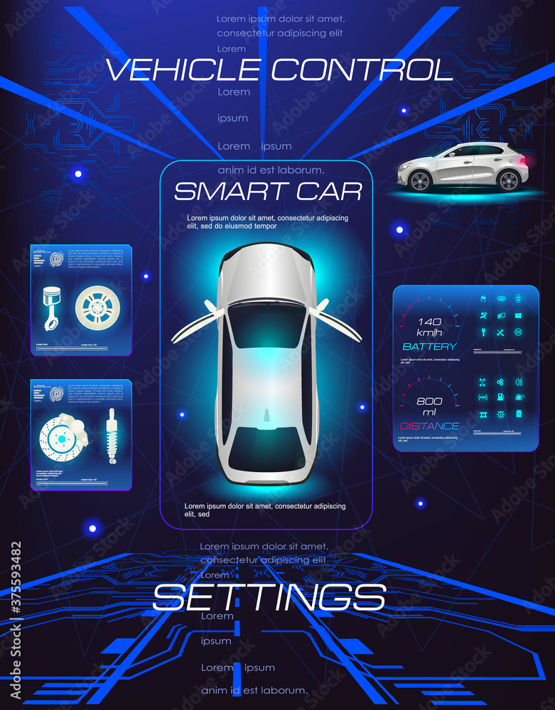 Poster city car auto service. configuring the electronics parameters of the entire vehicle on holographic d