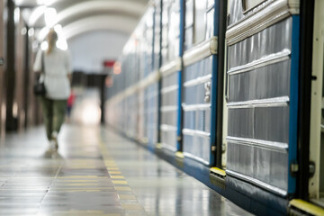 People get off the train car in the subway