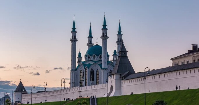 Russia, Kazan, evening time lapse with beautiful Kul Sharif mosque, summer cityscape in Kazan