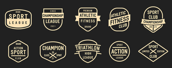Obraz premium Collection of banner, logo, badge or label in retro vintage style. Graphic elements different forms. Minimalistic vector objects template for branding sport, fitness club, championship events.