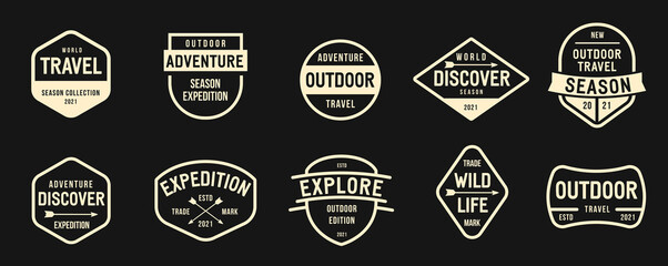 Collection of banner, logo, badge or label in retro vintage style. Graphic elements different forms. Minimalistic vector objects template for branding travel, outdoor, expedition events.