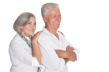 Portrait of happy senior couple on white background
