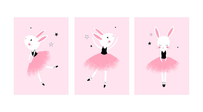 Cute posters with little ballet rabbits vector prints for baby room, baby shower, greeting card, kids and baby t-shirts, and wear. Hand drawn nursery