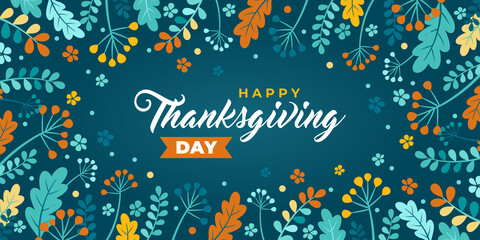 Fototapeta na wymiar Happy thanksgiving day greeting. Vector banner, greeting card, background with text Happy thanksgiving. Vignette, frame Emblem with autumn leaves and berries. The leaves of oak, ash, green and orange.
