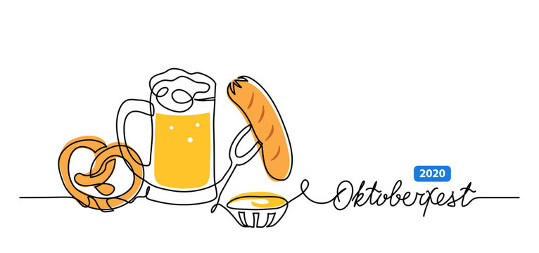 Oktoberfest vector banner, background with beer, pretzel and sausage. One continuous line drawing banner with lettering Oktoberfest.