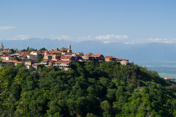 Fototapeta na wymiar Panorama of Sighnaghi City Wall and Caucasus Mountains, Georgia
