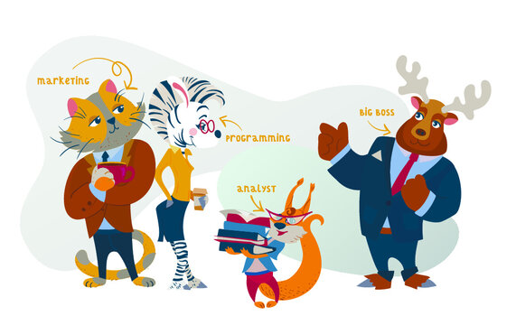 Humanized animals' business animals characters teamwork. cat, zebra, squirrel, elk 