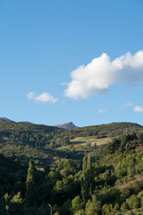 Montaña y prado verde con cielo azul