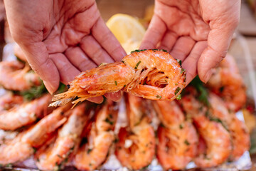 Shrimps on wooden table