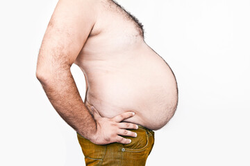 Body part of asian fat man with a big hairy belly. overweight man closeup of belly side view - Man...