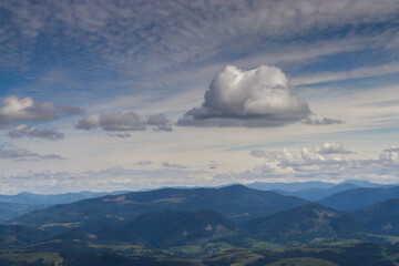 Cloudy sky over blue mountains.