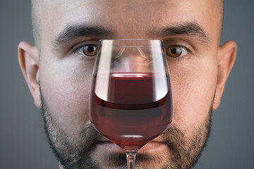A man looks at a glass of alcohol. He thinks about drinking or not drinking.