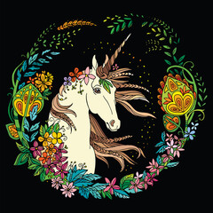 Vector colorful magic unicorn isolated on black