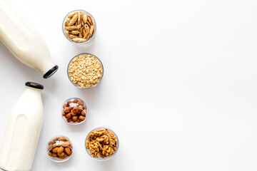 Dairy free milk protein nuts drink. Top view, copy space