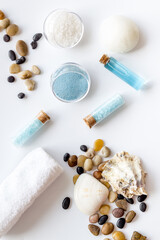 Wellness set of sea salt, stones and aroma oil. Top view