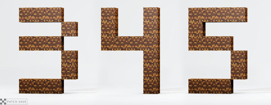 Numbers  3, 4, 5, pixel block. The concept of modern pixel games. Alphabet of kids 3d render, path save.
