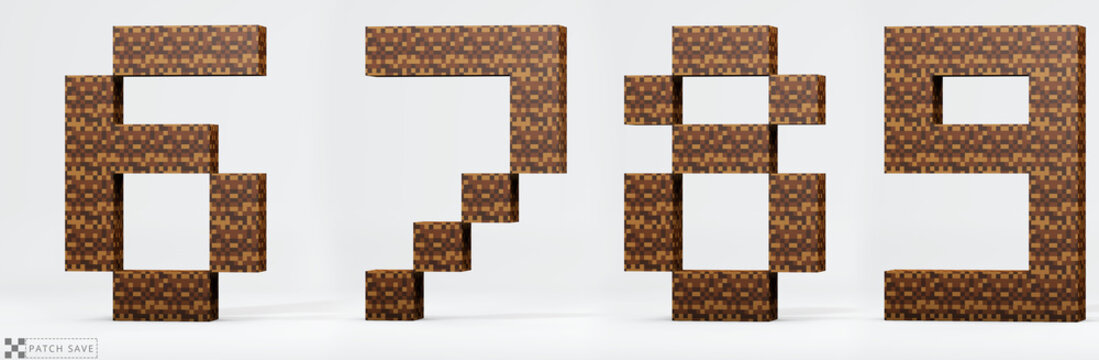 Numbers 6, 7, 8, 9  pixel block. The concept of modern pixel games. Alphabet of kids 3d render, path save.