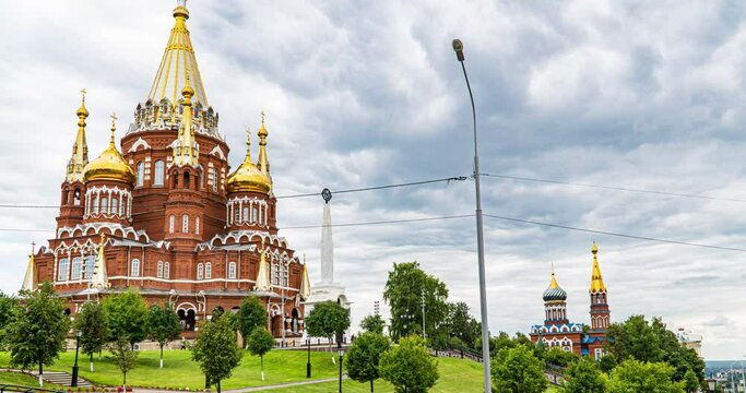 Russia, Udmurt Republic, Izhevsk, St. Michael's Cathedral, time lapse, beautiful landscape in Izhevsk