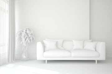 Stylish minimalist room with sofa in white color. Scandinavian interior design. 3D illustration