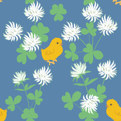 Fototapeta na wymiar Seamless vector illustration with flowers, leaves of clover and chick
