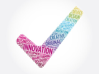 Innovation check mark word cloud collage, business concept background