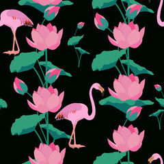 Vector seamless illustration with flamingo and lotus