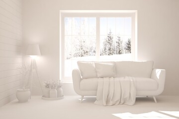 White stylish minimalist room in grey color with sofa and winter landscape in window. Scandinavian interior design. 3D illustration