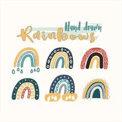 Vector set of adorable rainbows clipart in trendy Scandinavian style. Funny, cute, hygge illustration for poster, textile, decoration kids playroom or greeting card. Hand drawn prints and doodle.