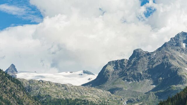 Panoraimic view of a glacier in Italian alps (called Rutor glacier, in Aosta Valley, Italy). Dramatic clouds moving in the blue sky. Time lapse