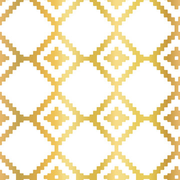 Gold foil Abstract seamless vector pattern with golden ikat rhombus shapes on white. Geometric repeating background faux metallic foil texture.