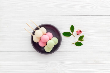 Asian cooking background - traditional sweets Dango, dumpling rice cake