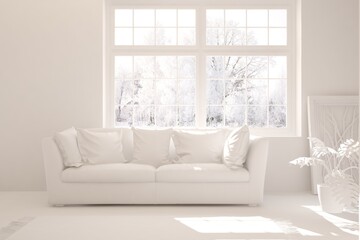 White stylish minimalist room in grey color with sofa and winter landscape in window. Scandinavian interior design. 3D illustration