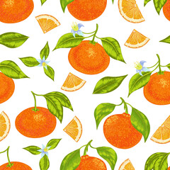 Fototapeta na wymiar Seamless vector orange mandarin tangerine with leaves and flowers pattern. Colorful juicy background 