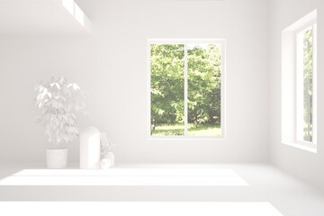 White stylish empty room with summer landscape in window. Scandinavian interior design. 3D illustration