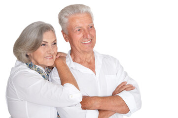 Close up portrait of happy senior couple on white background